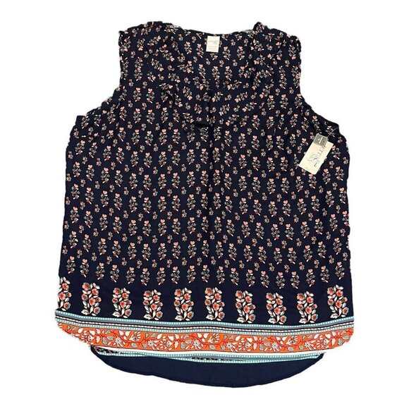 Terra Sky Sleeveless Blouse Navy / Pink Floral‎ Ruffle Neck Size 1X 16W-18W NWT - Picture 3 of 9